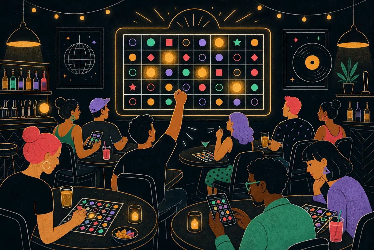 Guests marking bingo cards on their phones while a caller board displays called items on a venue screen.