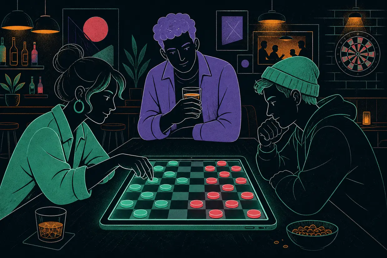 Two guests facing each other across a table playing a board game on a shared tablet.