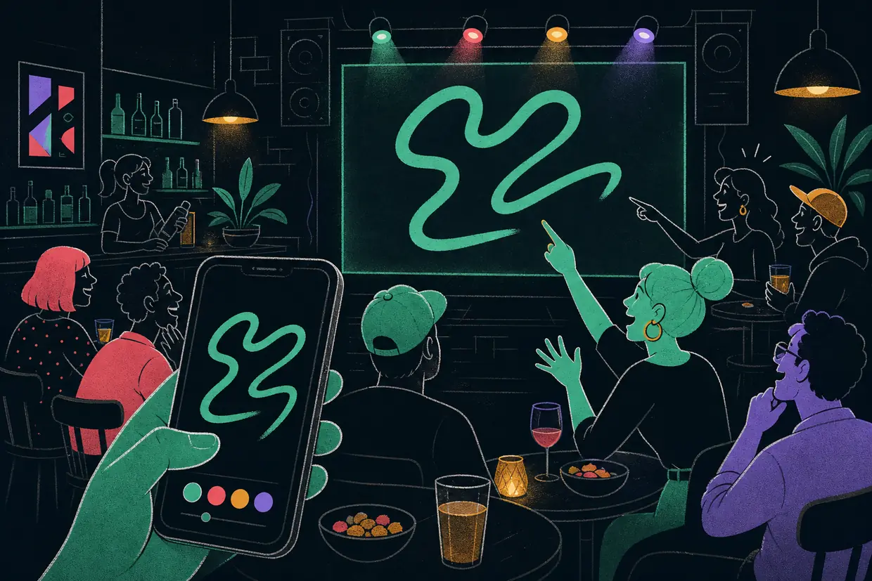 A phone being used as a drawing pad with the drawing mirrored onto a large venue screen.
