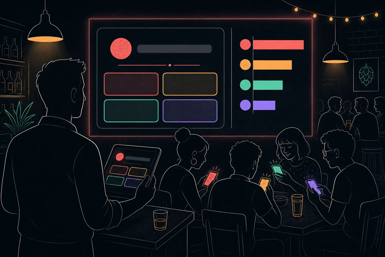 A trivia night in a bar: a big screen showing a question and a leaderboard while players answer on their phones.
