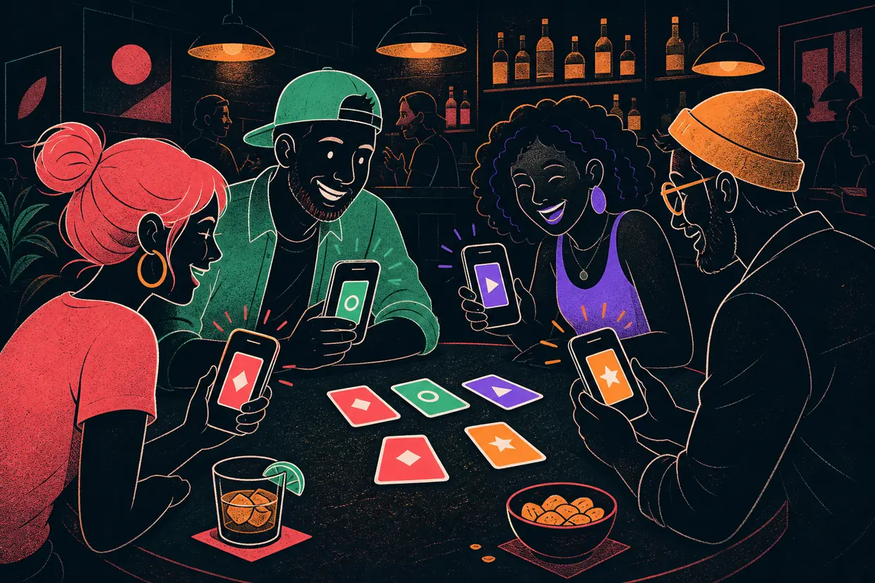 Guests around a bar table playing a fast card game on their phones.