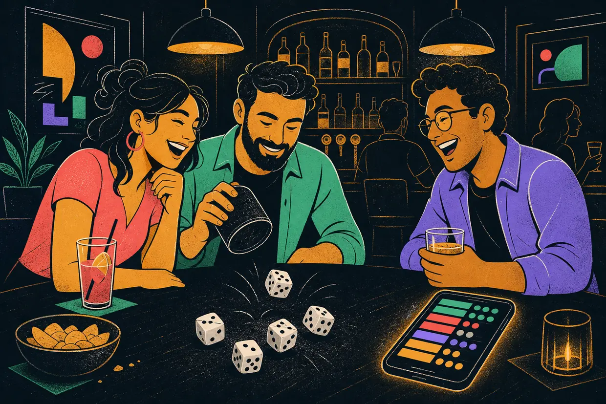 Dice on a bar table beside a phone showing a scorecard.