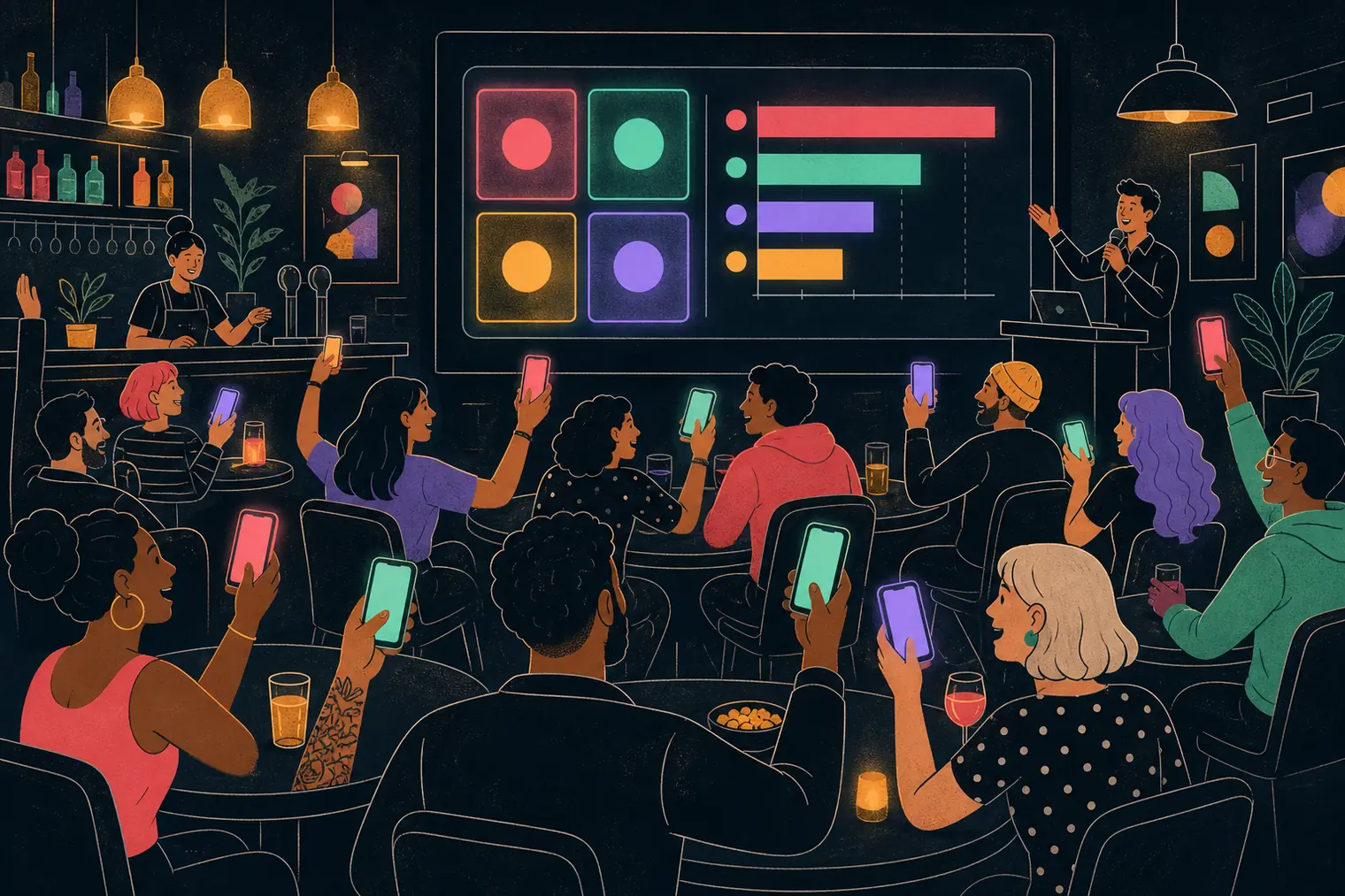 A busy bar during a game night: guests at tables answering on their phones while a large screen shows the current question and a leaderboard.