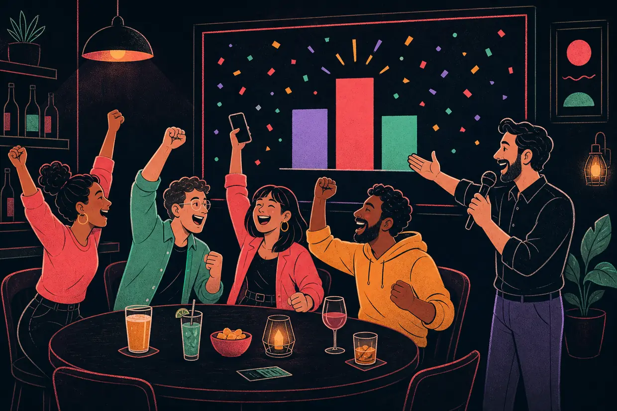 A table of friends cheering as they win a bar trivia night, with the host holding a microphone and the winners on the big screen behind them.